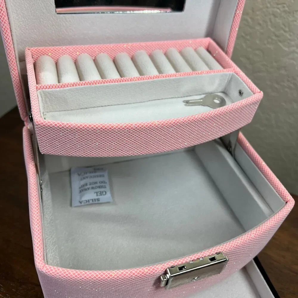 Jewelry storage organizer box with Mirror Pink giftable rings watches necklace